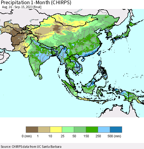 Asia Precipitation 1-Month (CHIRPS) Thematic Map For 8/16/2023 - 9/15/2023