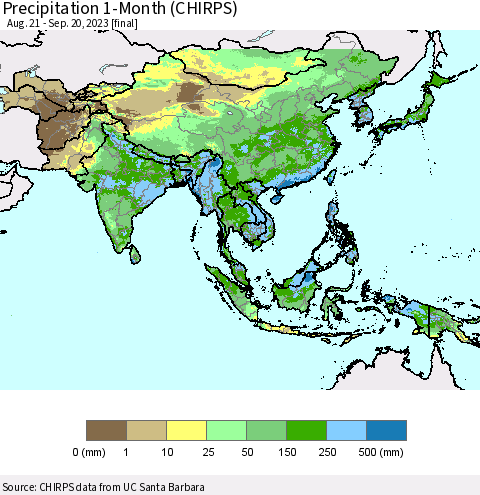 Asia Precipitation 1-Month (CHIRPS) Thematic Map For 8/21/2023 - 9/20/2023