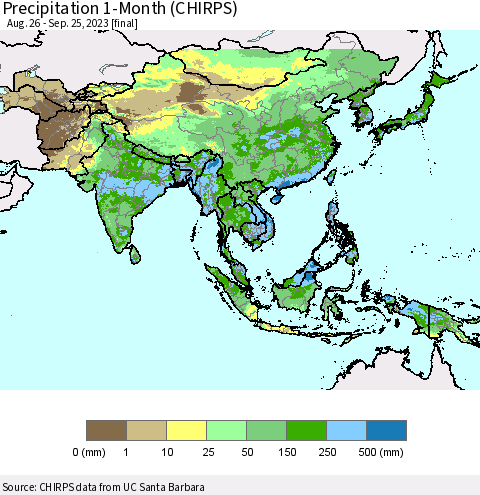 Asia Precipitation 1-Month (CHIRPS) Thematic Map For 8/26/2023 - 9/25/2023