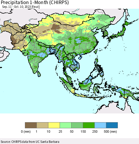 Asia Precipitation 1-Month (CHIRPS) Thematic Map For 9/11/2023 - 10/10/2023