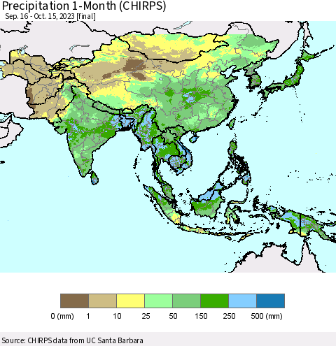 Asia Precipitation 1-Month (CHIRPS) Thematic Map For 9/16/2023 - 10/15/2023