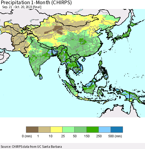 Asia Precipitation 1-Month (CHIRPS) Thematic Map For 9/21/2023 - 10/20/2023