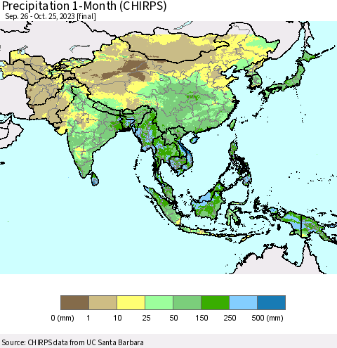 Asia Precipitation 1-Month (CHIRPS) Thematic Map For 9/26/2023 - 10/25/2023