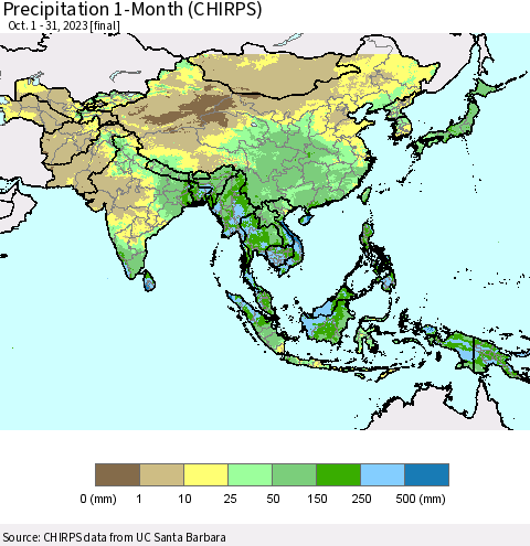 Asia Precipitation 1-Month (CHIRPS) Thematic Map For 10/1/2023 - 10/31/2023