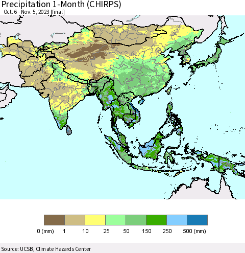 Asia Precipitation 1-Month (CHIRPS) Thematic Map For 10/6/2023 - 11/5/2023