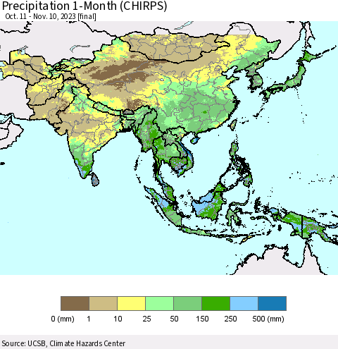 Asia Precipitation 1-Month (CHIRPS) Thematic Map For 10/11/2023 - 11/10/2023