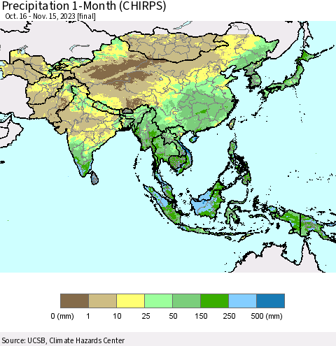 Asia Precipitation 1-Month (CHIRPS) Thematic Map For 10/16/2023 - 11/15/2023