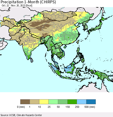 Asia Precipitation 1-Month (CHIRPS) Thematic Map For 10/21/2023 - 11/20/2023