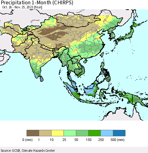 Asia Precipitation 1-Month (CHIRPS) Thematic Map For 10/26/2023 - 11/25/2023