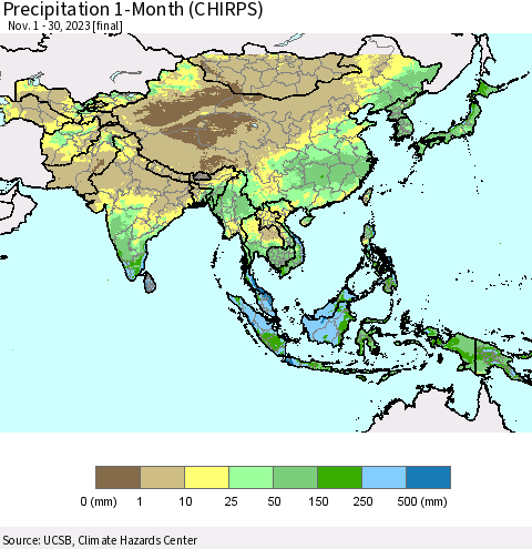 Asia Precipitation 1-Month (CHIRPS) Thematic Map For 11/1/2023 - 11/30/2023