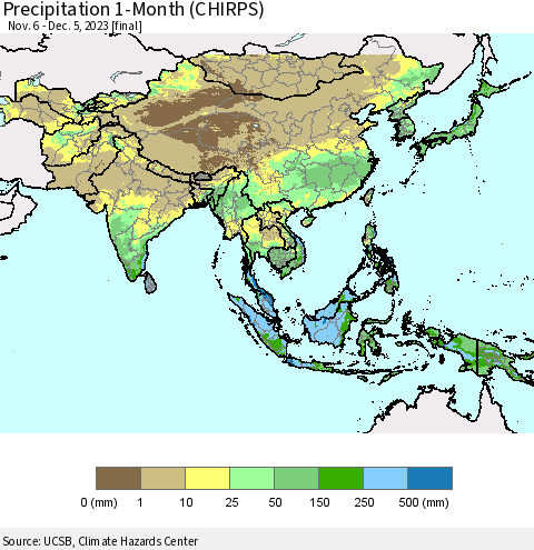 Asia Precipitation 1-Month (CHIRPS) Thematic Map For 11/6/2023 - 12/5/2023