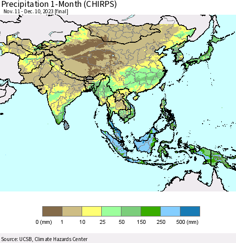 Asia Precipitation 1-Month (CHIRPS) Thematic Map For 11/11/2023 - 12/10/2023