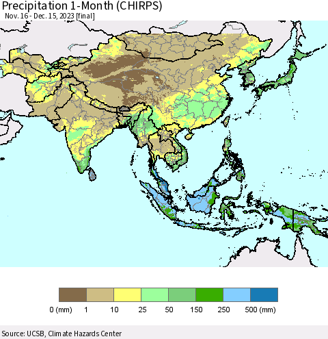 Asia Precipitation 1-Month (CHIRPS) Thematic Map For 11/16/2023 - 12/15/2023