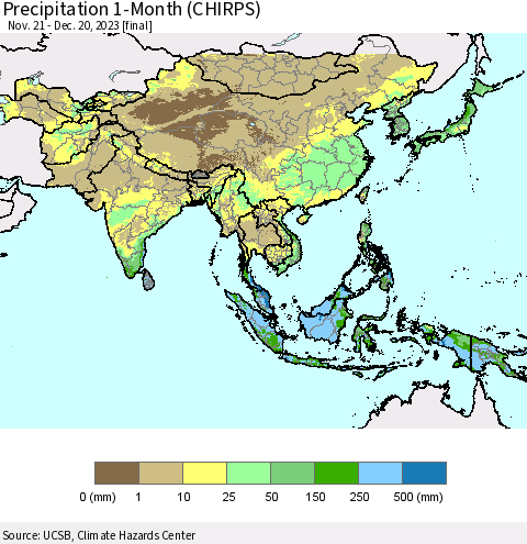 Asia Precipitation 1-Month (CHIRPS) Thematic Map For 11/21/2023 - 12/20/2023