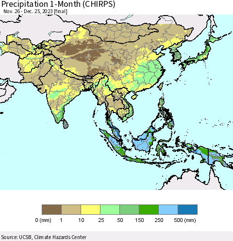 Asia Precipitation 1-Month (CHIRPS) Thematic Map For 11/26/2023 - 12/25/2023