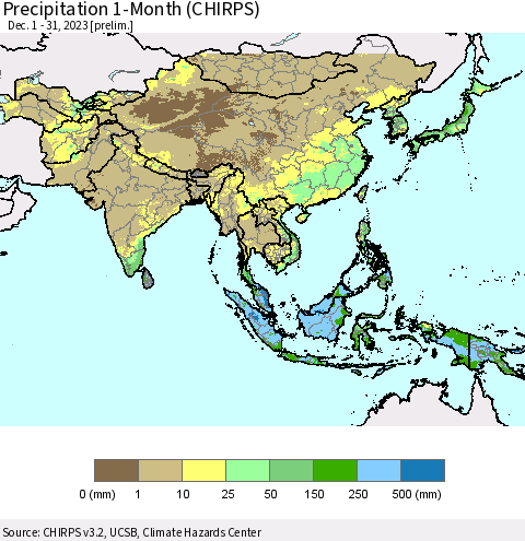 Asia Precipitation 1-Month (CHIRPS) Thematic Map For 12/1/2023 - 12/31/2023