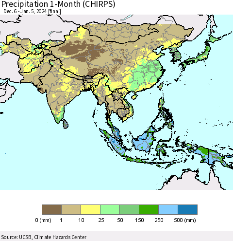 Asia Precipitation 1-Month (CHIRPS) Thematic Map For 12/6/2023 - 1/5/2024