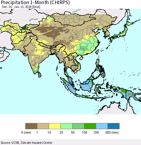 Asia Precipitation 1-Month (CHIRPS) Thematic Map For 12/16/2023 - 1/15/2024