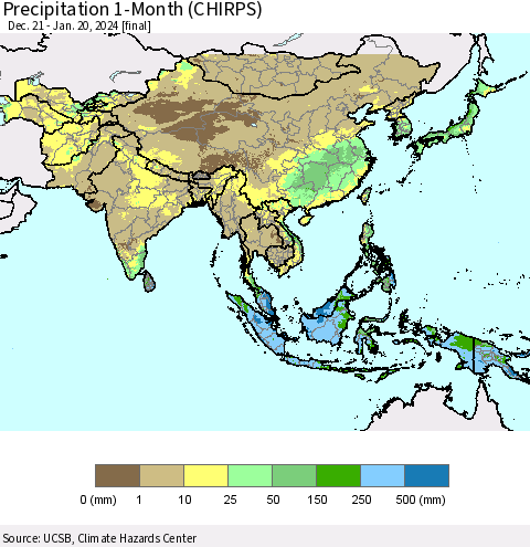 Asia Precipitation 1-Month (CHIRPS) Thematic Map For 12/21/2023 - 1/20/2024