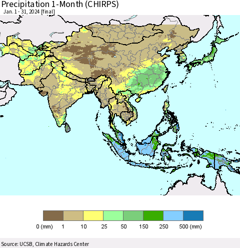 Asia Precipitation 1-Month (CHIRPS) Thematic Map For 1/1/2024 - 1/31/2024