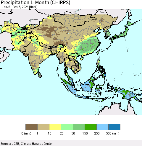 Asia Precipitation 1-Month (CHIRPS) Thematic Map For 1/6/2024 - 2/5/2024
