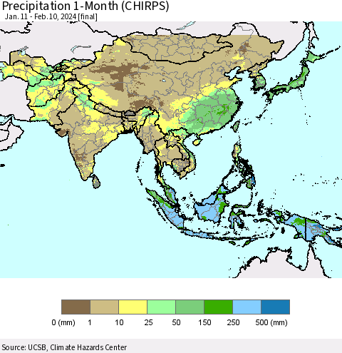 Asia Precipitation 1-Month (CHIRPS) Thematic Map For 1/11/2024 - 2/10/2024