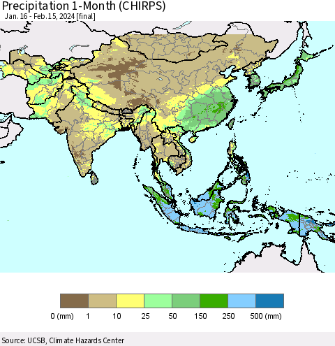 Asia Precipitation 1-Month (CHIRPS) Thematic Map For 1/16/2024 - 2/15/2024