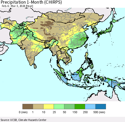 Asia Precipitation 1-Month (CHIRPS) Thematic Map For 2/6/2024 - 3/5/2024