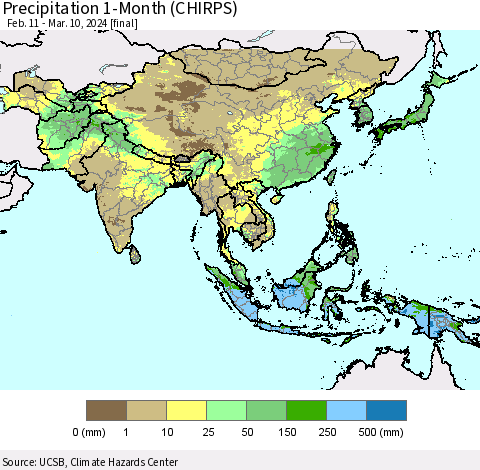Asia Precipitation 1-Month (CHIRPS) Thematic Map For 2/11/2024 - 3/10/2024