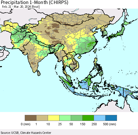 Asia Precipitation 1-Month (CHIRPS) Thematic Map For 2/21/2024 - 3/20/2024