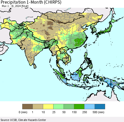 Asia Precipitation 1-Month (CHIRPS) Thematic Map For 3/1/2024 - 3/31/2024