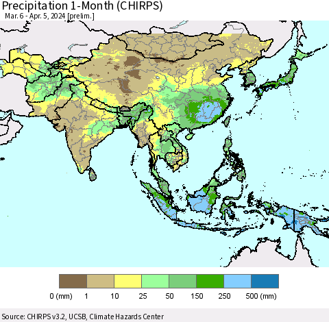 Asia Precipitation 1-Month (CHIRPS) Thematic Map For 3/6/2024 - 4/5/2024