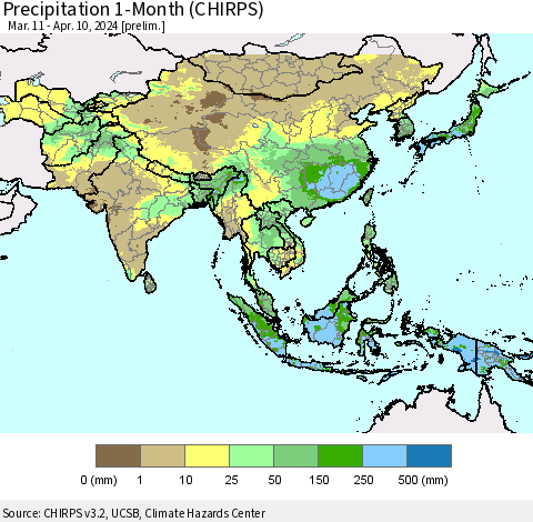 Asia Precipitation 1-Month (CHIRPS) Thematic Map For 3/11/2024 - 4/10/2024