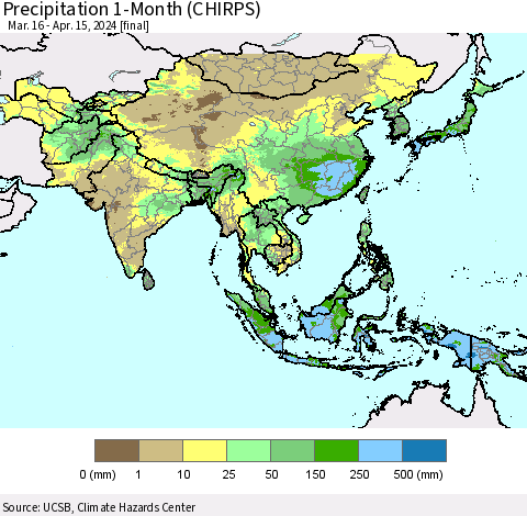 Asia Precipitation 1-Month (CHIRPS) Thematic Map For 3/16/2024 - 4/15/2024