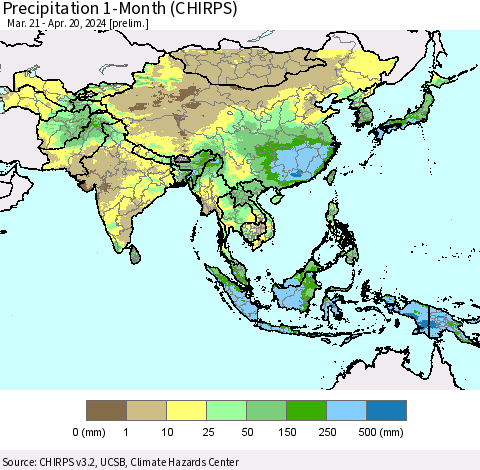 Asia Precipitation 1-Month (CHIRPS) Thematic Map For 3/21/2024 - 4/20/2024