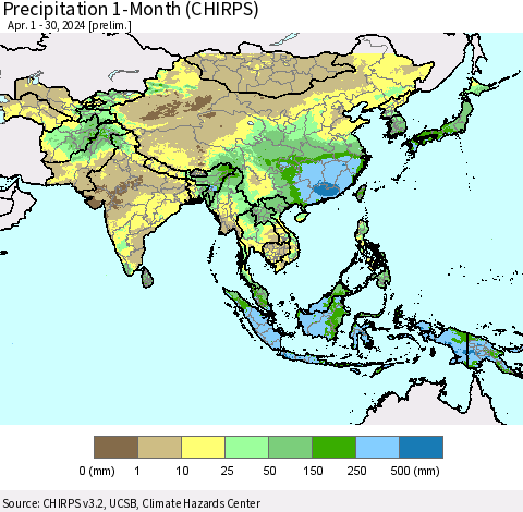 Asia Precipitation 1-Month (CHIRPS) Thematic Map For 4/1/2024 - 4/30/2024