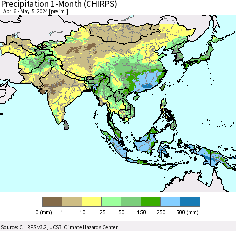 Asia Precipitation 1-Month (CHIRPS) Thematic Map For 4/6/2024 - 5/5/2024