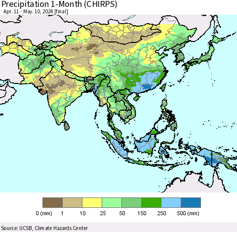 Asia Precipitation 1-Month (CHIRPS) Thematic Map For 4/11/2024 - 5/10/2024
