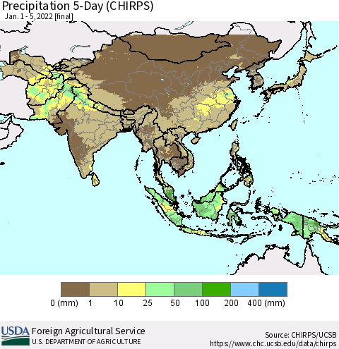 Asia Precipitation 5-Day (CHIRPS) Thematic Map For 1/1/2022 - 1/5/2022