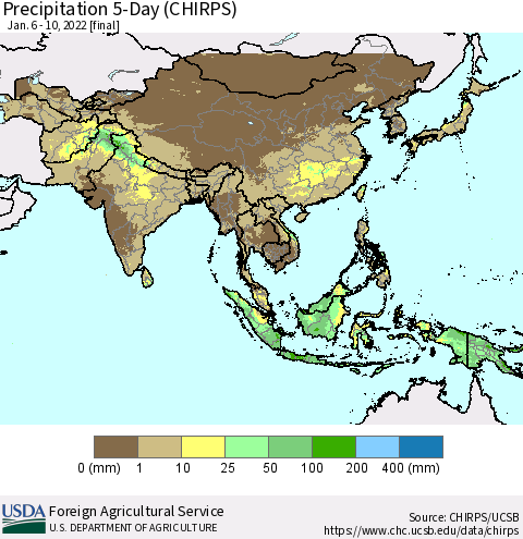Asia Precipitation 5-Day (CHIRPS) Thematic Map For 1/6/2022 - 1/10/2022