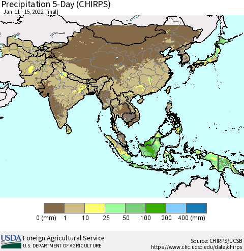 Asia Precipitation 5-Day (CHIRPS) Thematic Map For 1/11/2022 - 1/15/2022