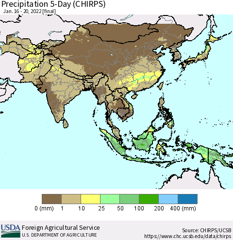 Asia Precipitation 5-Day (CHIRPS) Thematic Map For 1/16/2022 - 1/20/2022