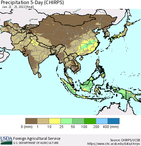 Asia Precipitation 5-Day (CHIRPS) Thematic Map For 1/21/2022 - 1/25/2022
