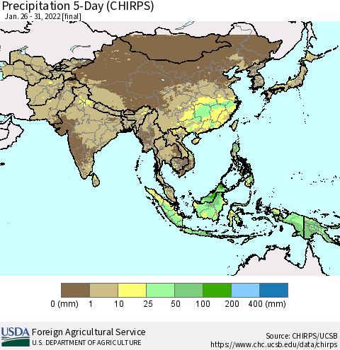 Asia Precipitation 5-Day (CHIRPS) Thematic Map For 1/26/2022 - 1/31/2022