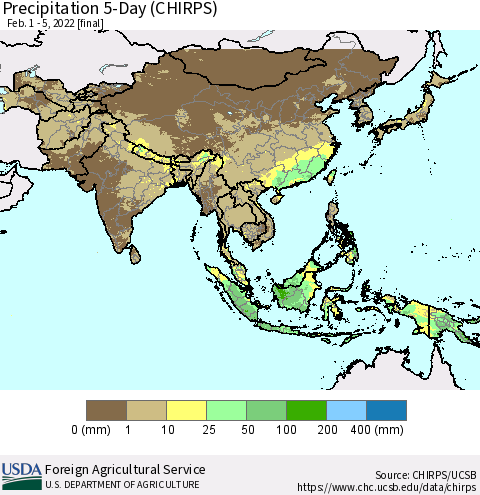 Asia Precipitation 5-Day (CHIRPS) Thematic Map For 2/1/2022 - 2/5/2022