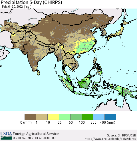 Asia Precipitation 5-Day (CHIRPS) Thematic Map For 2/6/2022 - 2/10/2022