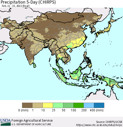 Asia Precipitation 5-Day (CHIRPS) Thematic Map For 2/11/2022 - 2/15/2022