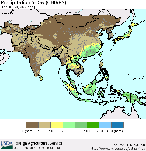 Asia Precipitation 5-Day (CHIRPS) Thematic Map For 2/16/2022 - 2/20/2022