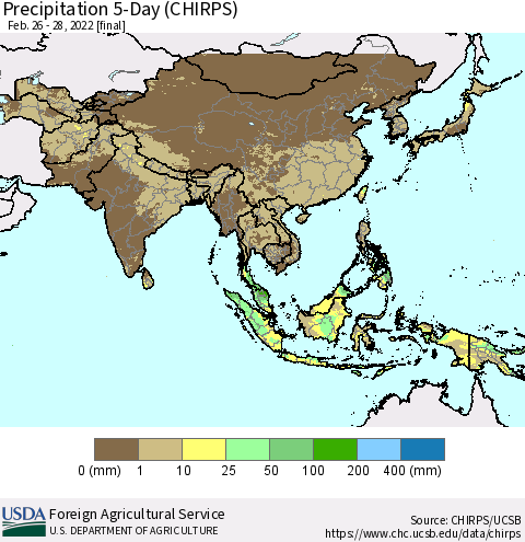 Asia Precipitation 5-Day (CHIRPS) Thematic Map For 2/26/2022 - 2/28/2022
