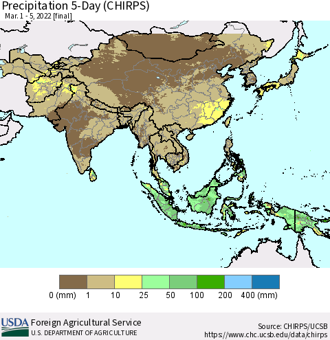 Asia Precipitation 5-Day (CHIRPS) Thematic Map For 3/1/2022 - 3/5/2022